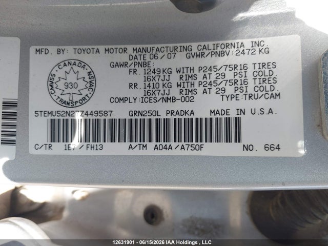 12631901 :رقم المزاد ، 5TEMU52N27Z449587 vin ، 2007 Toyota Tacoma Base V6 مزاد بيع