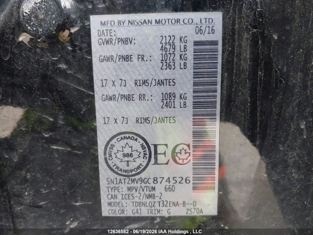 12636582 :رقم المزاد ، 5N1AT2MV9GC874526 vin ، 2016 Nissan Rogue S/sl Premium/sv مزاد بيع