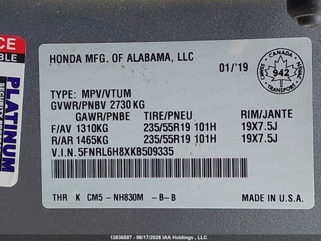 5FNRL6H8XKB509335 Honda Odyssey Touring