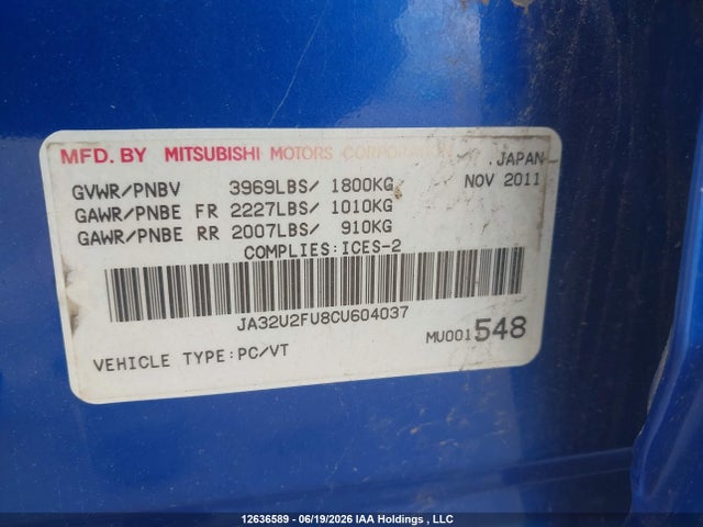 2012 Mitsubishi Lancer Es/es Sport მანქანა იყიდება აუქციონზე, vin: JA32U2FU8CU604037, აუქციონის ნომერი: 12636589