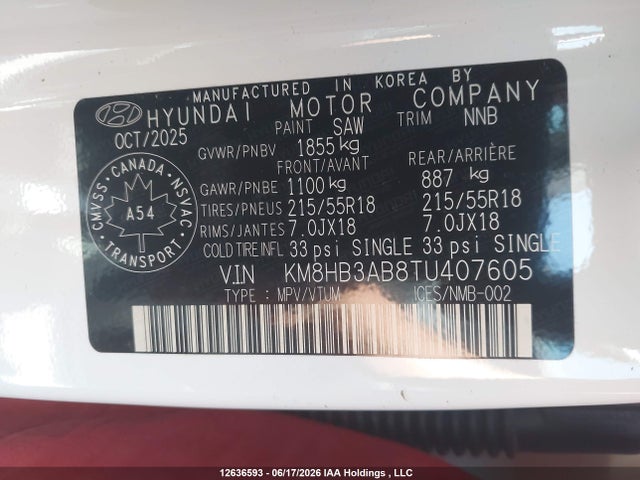 Продаж на аукціоні авто 2026 Hyundai Kona Preferred Fwd, vin: KM8HB3AB8TU407605, номер лоту: 12636593