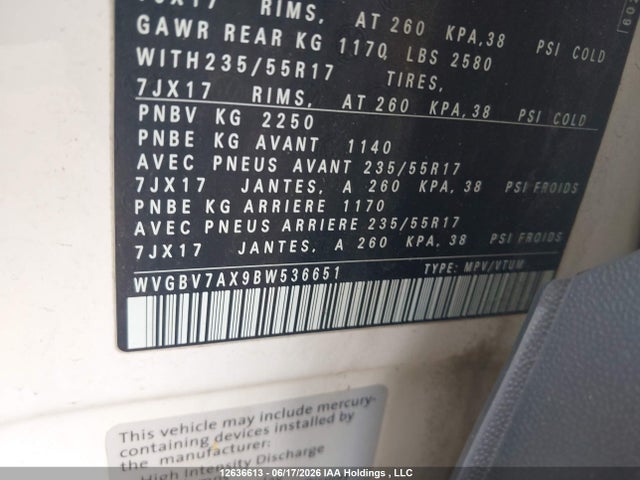 Продажа на аукционе авто 2011 Volkswagen Tiguan S/se/sel, vin: WVGBV7AX9BW536651, номер лота: 12636613