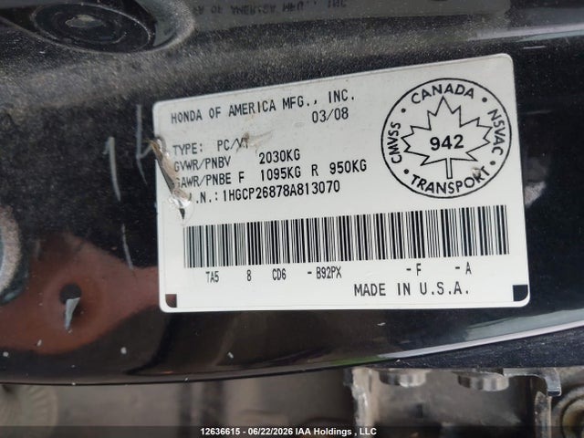 Продаж на аукціоні авто 2008 Honda Accord Ex-l, vin: 1HGCP26878A813070, номер лоту: 12636615