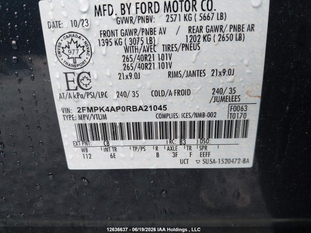 Продаж на аукціоні авто 2024 Ford Edge St, vin: 2FMPK4AP0RBA21045, номер лоту: 12636637