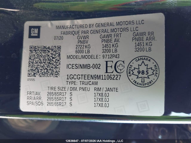 2021 Chevrolet Colorado Zr2 მანქანა იყიდება აუქციონზე, vin: 1GCGTEEN9M1106227, აუქციონის ნომერი: 12636647
