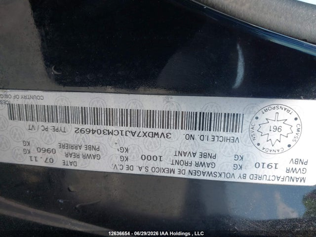 Auction sale of the 2012 Volkswagen Jetta 2.5l Comfortline/2.5l Sportline, vin: 3VWDX7AJ1CM304692, lot number: 12636654
