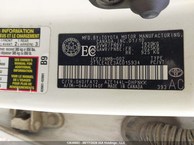 2010 Toyota Corolla Matrix S მანქანა იყიდება აუქციონზე, vin: 2T1LE4EE3AC015934, აუქციონის ნომერი: 12636662