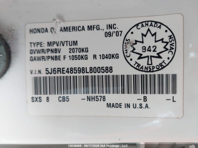 Продаж на аукціоні авто 2008 Honda Cr-v Ex, vin: 5J6RE48598L800588, номер лоту: 12636669