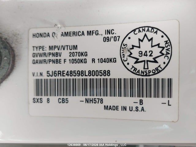 Продаж на аукціоні авто 2008 Honda Cr-v Ex, vin: 5J6RE48598L800588, номер лоту: 12636669
