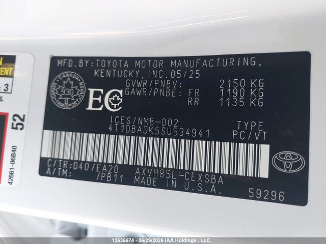 Aukcja sprzedaży 2025 Toyota Camry, vin: 4T1DBADK5SU534941, numer aukcji: 12636674