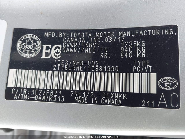 12636685 :رقم المزاد ، 2T1BURHE1HC881990 vin ، 2017 Toyota Corolla L/le/xle/se/xse مزاد بيع