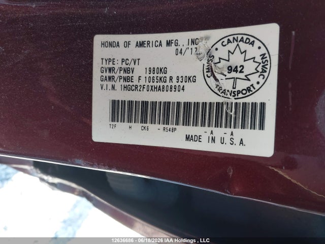 Honda Accord 2017 1HGCR2F0XHA808904 Image 19
