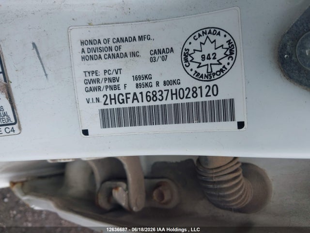 Aukcja sprzedaży 2007 Honda Civic, vin: 2HGFA16837H028120, numer aukcji: 12636687