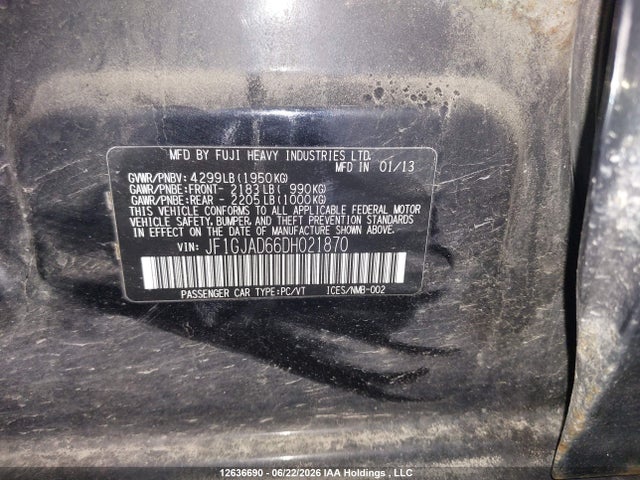 Aukcja sprzedaży 2013 Subaru Impreza, vin: JF1GJAD66DH021870, numer aukcji: 12636690