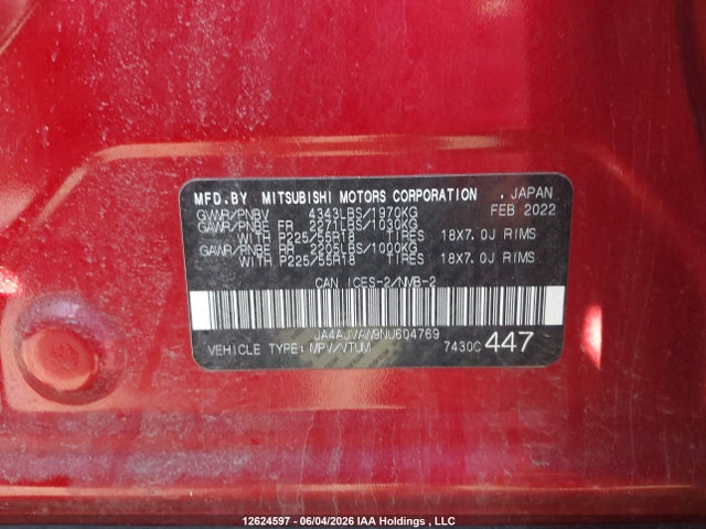 Продаж на аукціоні авто 2022 Mitsubishi Rvr Gt/le/se/sel, vin: JA4AJVAW9NU604769, номер лоту: 12624597