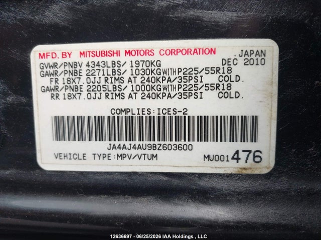 2011 Mitsubishi Rvr Gt მანქანა იყიდება აუქციონზე, vin: JA4AJ4AU9BZ603600, აუქციონის ნომერი: 12636697