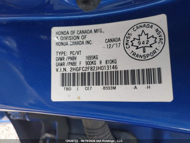 Продаж на аукціоні авто 2018 Honda Civic Ex 4dr, vin: 2HGFC2F82JH013146, номер лоту: 12636723