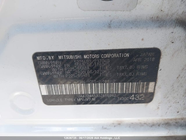 Продажа на аукционе авто 2018 Mitsubishi Outlander Se/gt, vin: JA4J24A53JZ615942, номер лота: 12636725