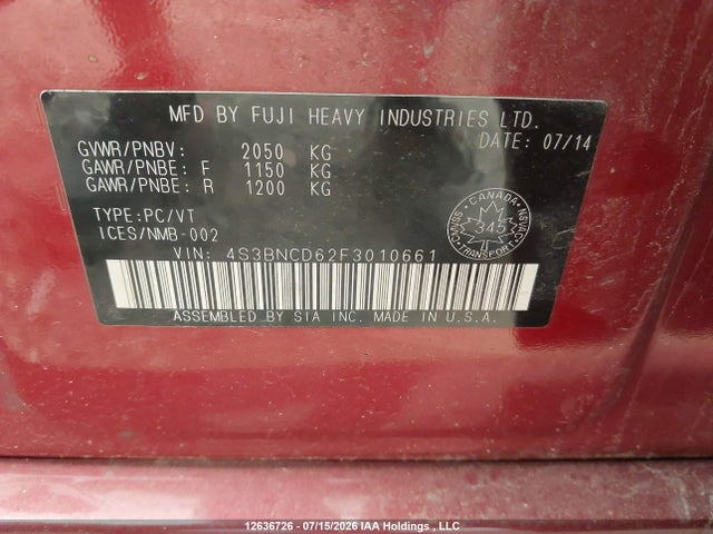 Auction sale of the 2015 Subaru Legacy 2.5i Touring Package, vin: 4S3BNCD62F3010661, lot number: 12636726