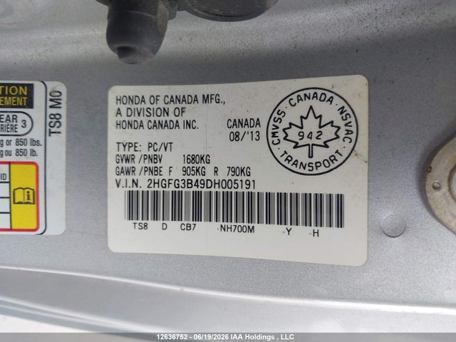 2013 Honda Civic Lx მანქანა იყიდება აუქციონზე, vin: 2HGFG3B49DH005191, აუქციონის ნომერი: 12636752