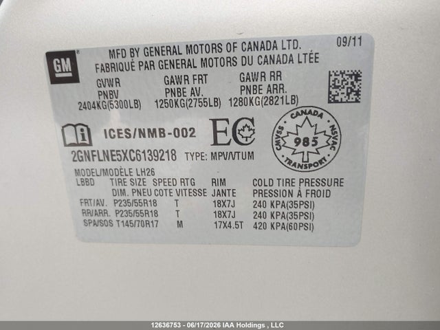 12636753 :رقم المزاد ، 2GNFLNE5XC6139218 vin ، 2012 Chevrolet Equinox 2lt مزاد بيع