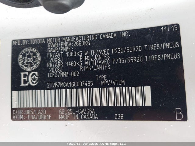 Продаж на аукціоні авто 2016 Lexus Rx 350, vin: 2T2BZMCA1GC007495, номер лоту: 12636755