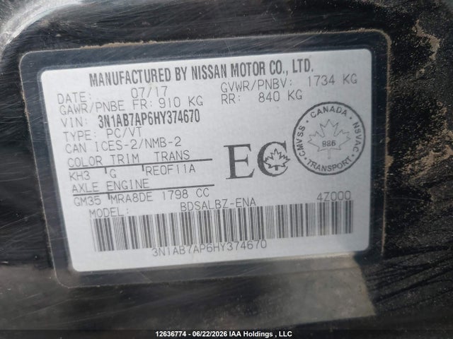 3N1AB7AP6HY374670 Nissan Sentra S/sv/sr/sl