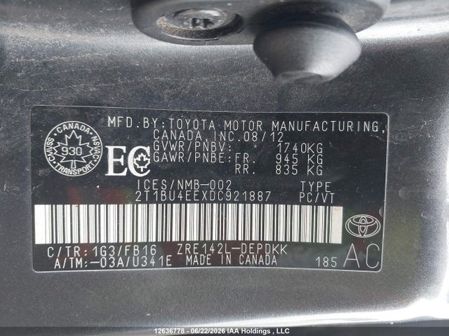 12636778 :رقم المزاد ، 2T1BU4EEXDC921887 vin ، 2013 Toyota Corolla Ce مزاد بيع