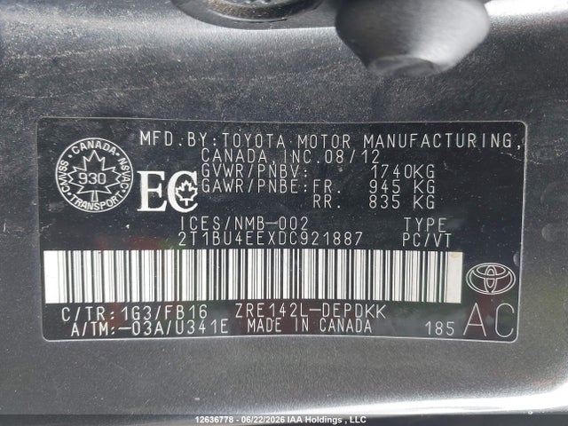 12636778 :رقم المزاد ، 2T1BU4EEXDC921887 vin ، 2013 Toyota Corolla Ce مزاد بيع