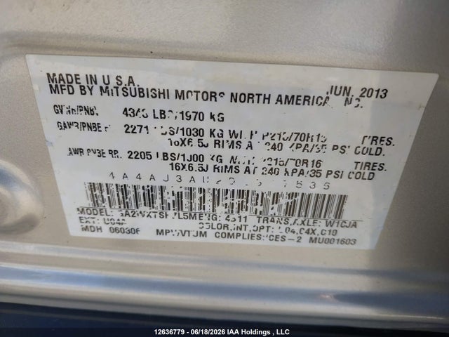 2013 Mitsubishi Rvr Se მანქანა იყიდება აუქციონზე, vin: 4A4AJ3AU2DE607586, აუქციონის ნომერი: 12636779