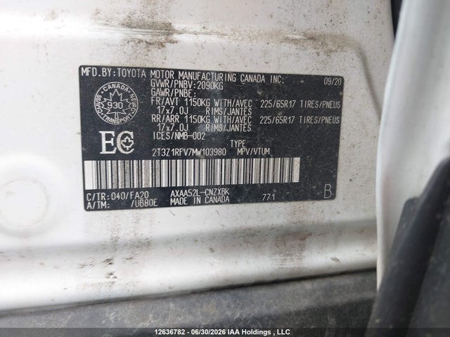 2021 Toyota Rav4 Le მანქანა იყიდება აუქციონზე, vin: 2T3Z1RFV7MW103980, აუქციონის ნომერი: 12636782
