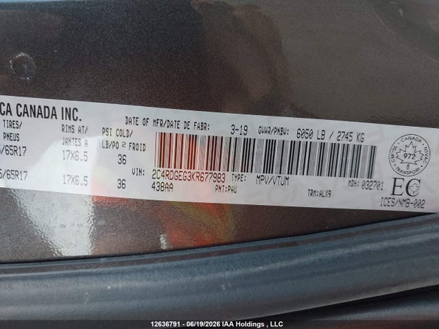 Aukcja sprzedaży 2019 Dodge Grand Caravan Gt, vin: 2C4RDGEG3KR677983, numer aukcji: 12636791