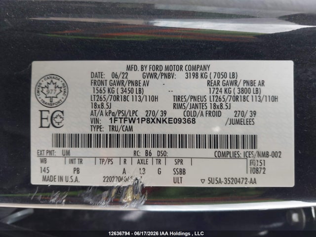 2022 Ford F150 Police Responder მანქანა იყიდება აუქციონზე, vin: 1FTFW1P8XNKE09368, აუქციონის ნომერი: 12636794