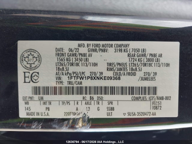 2022 Ford F150 Police Responder მანქანა იყიდება აუქციონზე, vin: 1FTFW1P8XNKE09368, აუქციონის ნომერი: 12636794