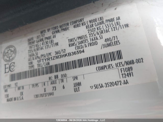 12636804 :رقم المزاد ، 1FTYR1ZM3HKB36594 vin ، 2017 Ford Transit T-250 مزاد بيع