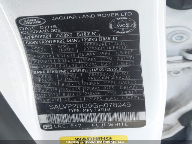 Land Rover Range Rover Evoque Se 2016 SALVP2BG9GH078949 Image 9