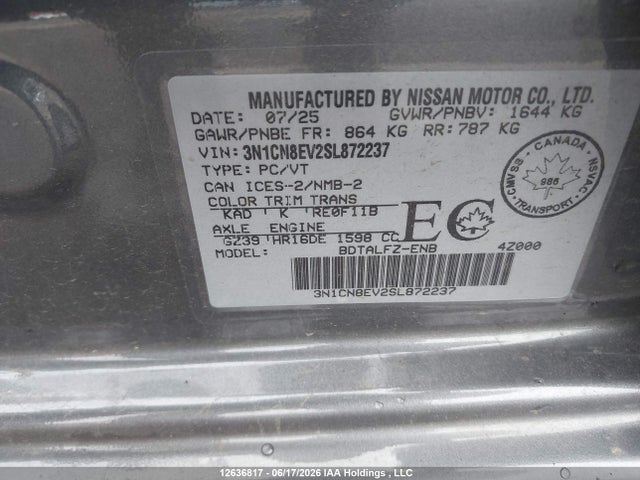Nissan VERSA SV 2025 3N1CN8EV2SL872237 Image 9