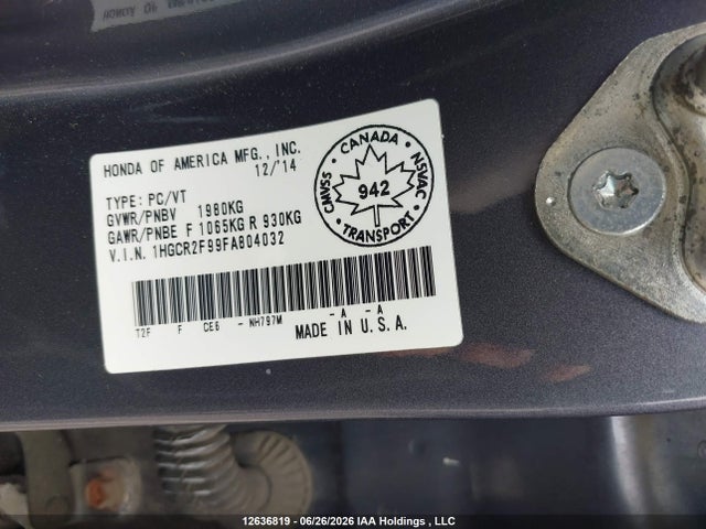 Honda Accord Touring 2015 1HGCR2F99FA804032 Image 9