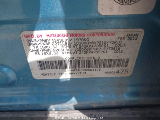 Продаж на аукціоні авто 2012 Mitsubishi Rvr Es/se, vin: JA4AH3AU6CZ604176, номер лоту: 12613481