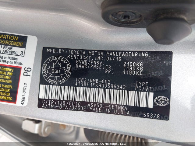 Продаж на аукціоні авто 2016 Toyota Camry Le/xle/se/xse, vin: 4T1BF1FK9GU596343, номер лоту: 12636837