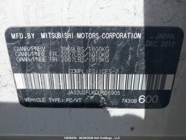2013 Mitsubishi Lancer Se მანქანა იყიდება აუქციონზე, vin: JA32U2FU6DU606905, აუქციონის ნომერი: 12636839