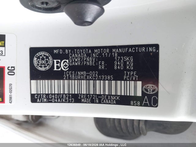 2019 Toyota Corolla Le მანქანა იყიდება აუქციონზე, vin: 2T1BURHEXKC213385, აუქციონის ნომერი: 12636849