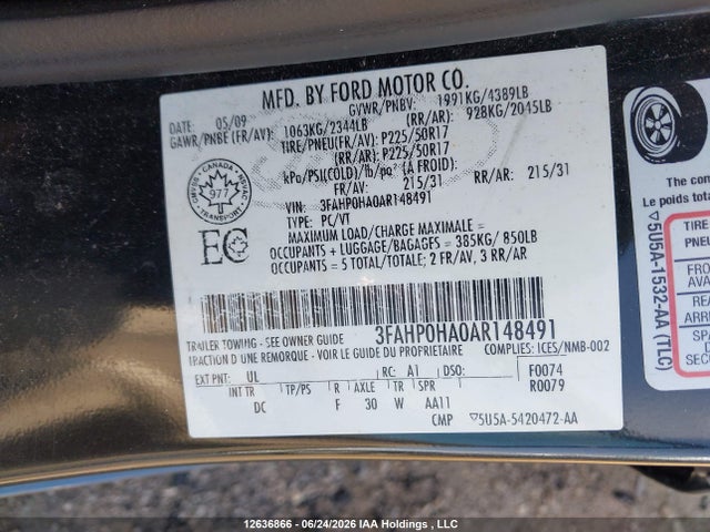 12636866 :رقم المزاد ، 3FAHP0HA0AR148491 vin ، 2010 Ford Fusion Se مزاد بيع