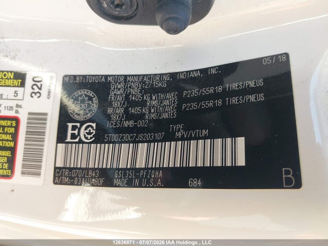2018 Toyota Sienna Xle 7-passenger მანქანა იყიდება აუქციონზე, vin: 5TDDZ3DC7JS203107, აუქციონის ნომერი: 12636871