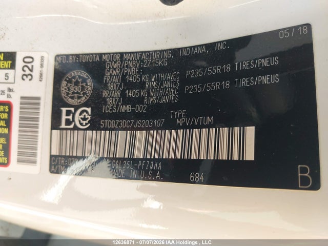 2018 Toyota Sienna Xle 7-passenger მანქანა იყიდება აუქციონზე, vin: 5TDDZ3DC7JS203107, აუქციონის ნომერი: 12636871