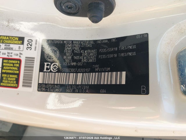 2018 Toyota Sienna Xle 7-passenger მანქანა იყიდება აუქციონზე, vin: 5TDDZ3DC7JS203107, აუქციონის ნომერი: 12636871