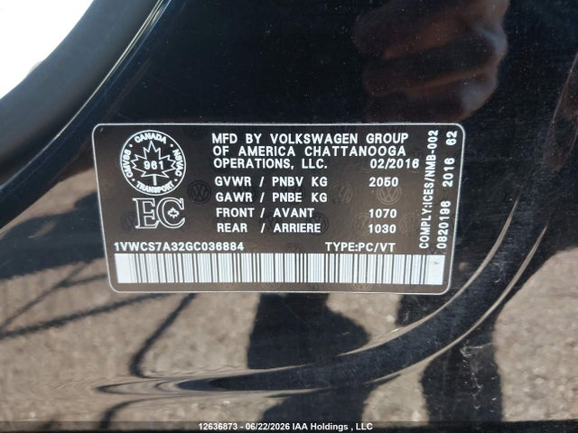 2016 Volkswagen Passat Sel/sel Premium მანქანა იყიდება აუქციონზე, vin: 1VWCS7A32GC036884, აუქციონის ნომერი: 12636873