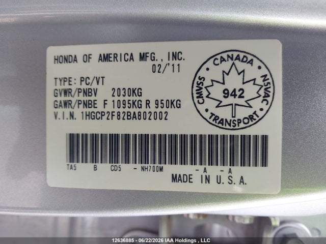 Продаж на аукціоні авто 2011 Honda Accord Exl, vin: 1HGCP2F82BA802002, номер лоту: 12636885