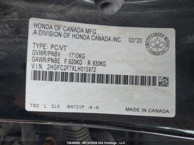 Honda CIVIC EX 2020 2HGFC2F7XLH013972 Image 9