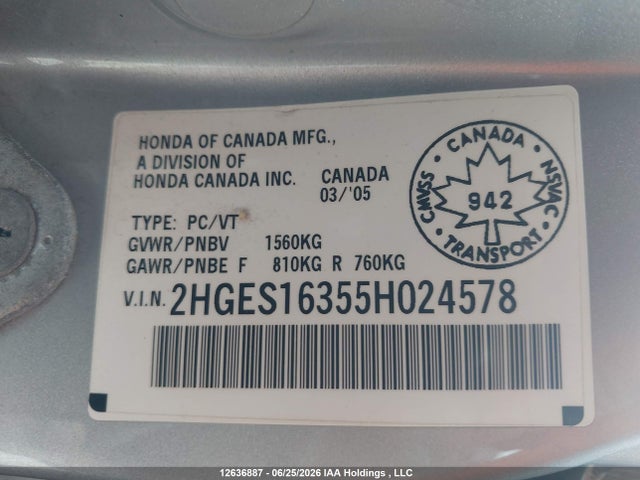 Продаж на аукціоні авто 2005 Honda Civic Se, vin: 2HGES16355H024578, номер лоту: 12636887
